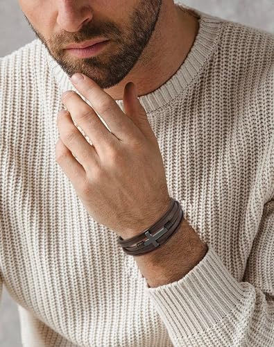 YL Mens Cross Viking Celtic Ankh Odin Compass Life Tree Leather Bracelet, 18K Gold/Black Rhodium Stainless Steel Christian Religious Protection Talisman Brown Cuff Handcrafted Jewelry Gifts - color: 18K White Gold-Cross A-Brown, size: 8.3"(210mm)