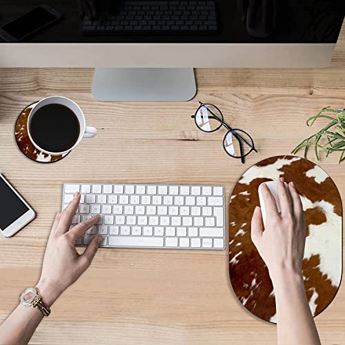 Brown Cow Print Pattern Mouse Pad and Coaster Combination, Washable Fabric Mouse Pad for Office Laptop, Non-Slip Rubber Base Mouse Pads for Wireless Mouse, Computer Mouse Pads for Desk - color: Brown Cow Print Pattern