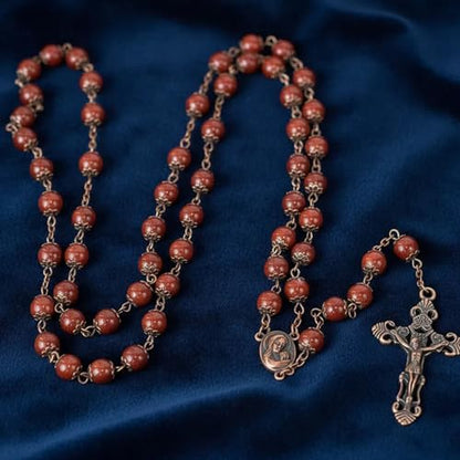 Nazareth Store Natural Stone Beads 8mm Rosary Necklace Antique Copper Design Holy Soil Medal & Cross in Velvet Bag - Catholic Rosaries Terra Santa Jerusalem Collection - color: Red Carnelian