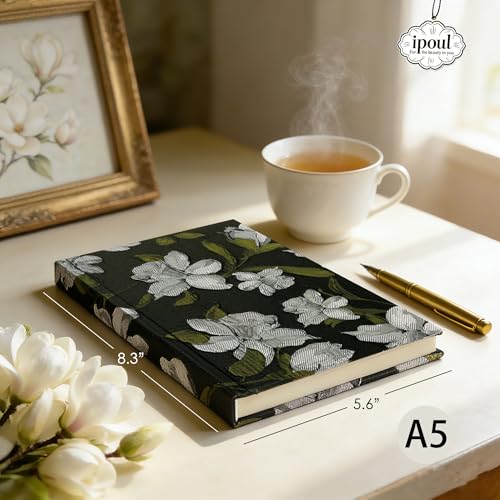 Flower Notebook, A5, 6x8, Hardcover, Lay Flat, Lined Paper, Ruled Page, Journal for Women, Writing Notebook, Pretty, Magnolia, Black, Birthday Gifts for Women, Mothers day Gifts - color: Peony Black