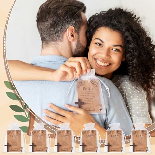 60 Set Pocket Hug Token Wooden Pocket Cross Faith Glass Bottles Prayer Card Organza Bags Wooden Cross Bulk Religious Christian Gifts for Friends Family Colleagues Church