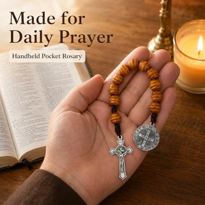 8 Inch Wooden Pocket Rosary for Men, Rosario with Saint Benedict Medal - color: Silver