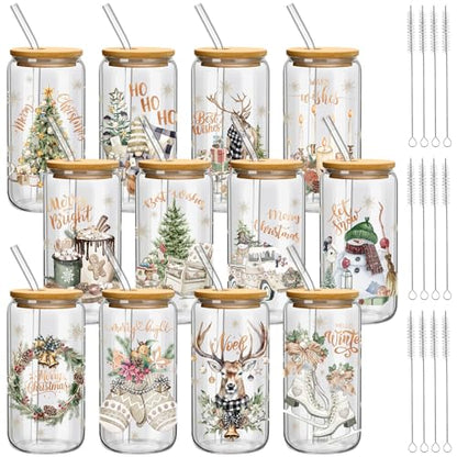 Teenyyou 12 Set of Christmas Glasses with Bamboo Lid and Glass Straw 16 oz Christmas Drinking Cup Beer Iced Coffee Cup Xmas Tumbler Mugs for Women Men Holiday Party Office Gifts - style: Christmas