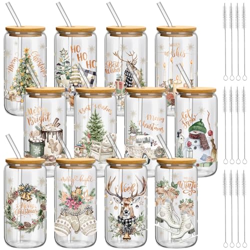 Teenyyou 12 Set of Christmas Glasses with Bamboo Lid and Glass Straw 16 oz Christmas Drinking Cup Beer Iced Coffee Cup Xmas Tumbler Mugs for Women Men Holiday Party Office Gifts - style: Christmas
