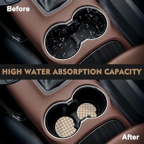 2 Pack Car Coasters for Cup Holders, Cute Car Accessories Interior (Grid-Brown White) - color: Grid-brown White
