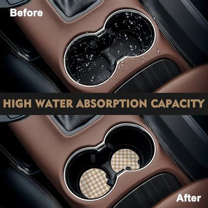 2 Pack Car Coasters for Cup Holders, Cute Car Accessories Interior (Grid-Brown White) - color: Grid-brown White