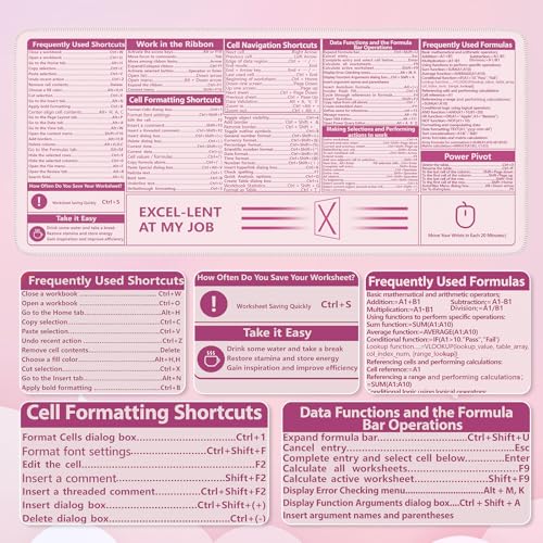 iCasso Excel Cheat Sheet Desk Pad, Pink Excel Shortcuts - color: Pink Excel Shortcuts