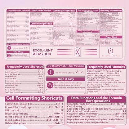 iCasso Excel Cheat Sheet Desk Pad, Pink Excel Shortcuts - color: Pink Excel Shortcuts