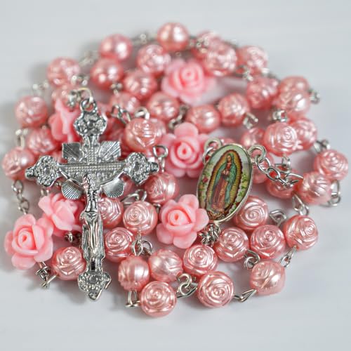 Rosary Beads Catholic for Women - Pearl Beads with Classic Cross, Virgin Mary Zippered Prayer Box, First Communion Gifts, Baptism Confirmation Jewelry - color: Guadalupe-Pink