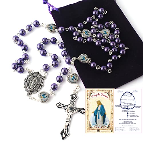 HanlinCC Catholic Miraculous Rosary Glass Pearl Beads Pray Card & Gift Bag - color: Purple