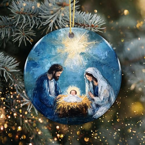 Holy Family Nativity Ornament – Ceramic Christmas Tree Decoration – Religious Christian Ornament Keepsake – Inspirational Xmas Holiday Décor Gift for Family Friends Teachers Church Members