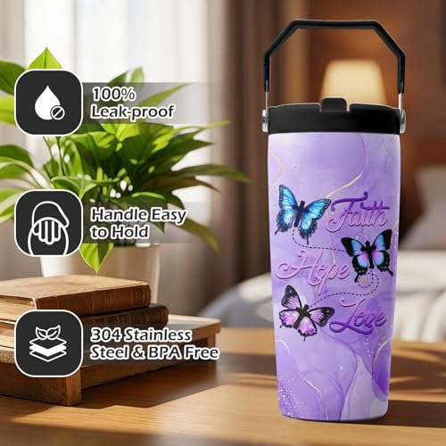 Hiboss Christian Gifts for Women Faith, Butterfly Tumbler with Handle and Flip Straw 28oz, Insulated Stainless Steel Travel Cup Mug, Inspirational Religious Birthday Gift for Her - color: Butterfly - 01