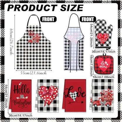 Newcotte 12 Pcs Valentine‘s Day Cooking Gift Sets for Couples Mr and Mrs Valentines Chef Apron Lovely Kitchen Towels Plaid Oven Mitt and Pot Holders Kitchen Accessories for Valentine‘s Day Gifts