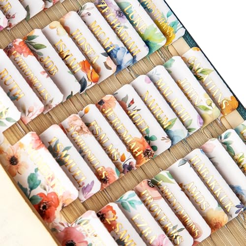 Bible Tabs, 105 Floral Laminated Large Print Index Tabs Kit for Women & Men, 66 Pre-Printed Chapter Stickers for Old & New Testament + 39 Blank for DIY, with Alignment Ruler, Easy to Apply & Organize - style: Gold Foil Flowers
