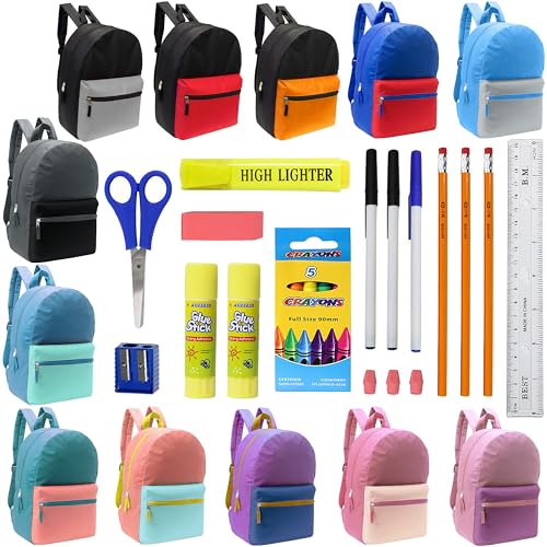 12 Pack 17" Bulk Backpacks with 22 Piece School Supply Kit, 12 Colors - color: 2 Tone, size: 22 Piece SS Kit