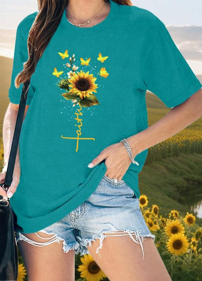 Womens Christian Shirts Faith Cross Sunflower Butterfly T-Shirt Bible Verse Religious Tee Tops - color: Cyan, size: Large