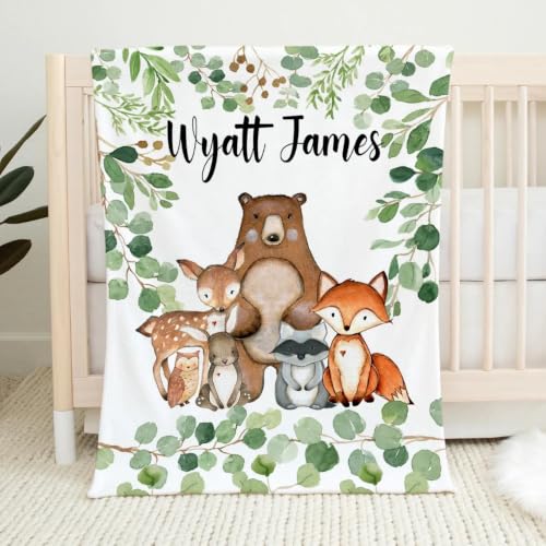 Woodland Animals Name Blanket, Personalized Boy Eucalyptus Greenery Leaves Trees Bear Fox Raccoon Deer Bunny Owl - color: Forest Blanket #4
