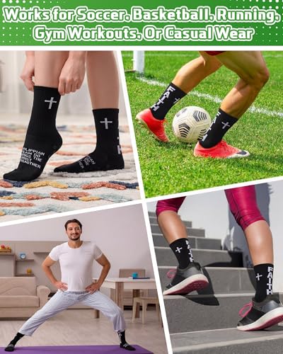 Chicingyou 12 Pairs Cross Grip Soccer Socks, Philippians 4:13 Bible Verse Christian Anti Slip Football Socks for Men Women - color: Black