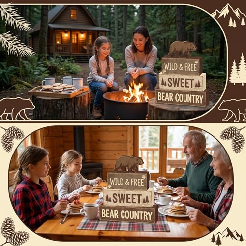 Britimes Tiered Tray Decor Set, 4 Pack, Wooden Table Sign, Woodland Bear - style: Brown Bear