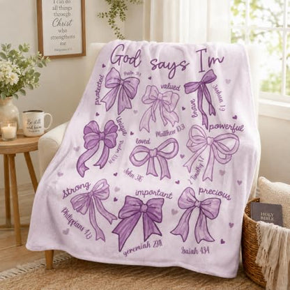 Purple Bow Christian Throw Blanket, Religious Flannel Blanket Gift - color: Purple Bow