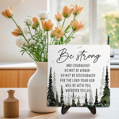 Bible Verse Sign, Christian Sign, Table Art Signs,Wooden Sign Desk Decor, Positive Home Decor,Be Strong and Conrageons Wood Plaque Gift for Women&Men,5.9x5.9inch (JOSHOA 1:9 Forest)