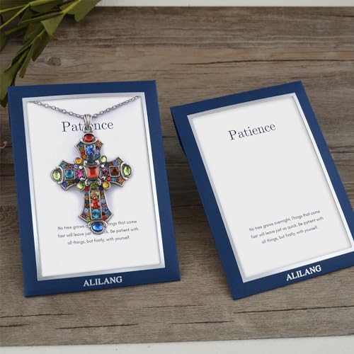 Alilang Silver Tone Stained Glass Rhinestone Patonce Cross Pendant Necklace with Religious Message Card & Envelope Christian Jewelry - style: Patience
