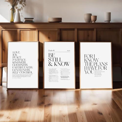 Minimalist Bible Verse Wall Art Set of 3 Scripture Posters Be Still and Know Christian Wall Decor Black and White Canvas Prints for Bedroom Living Room Religious Art Unframed 24"L X 16"W