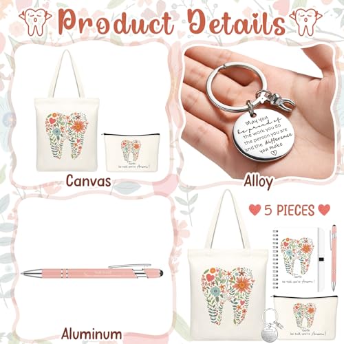 Kinlop 5 Pcs Floral Tooth Dental Gift Set, Pink Bags Notebook Pen Keychain - color: Pink, style: Floral Tooth Dental