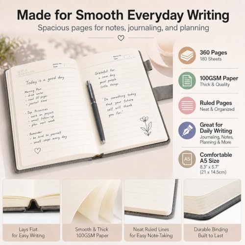 A5 Leather Journal for Women Men, Hardcover Notebook Set with Pen, Gray - color: Gray