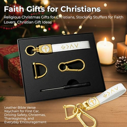 Christian Cross Leather Keychain for Men – Christian Gift for Dad Husband Son - color: White/Gold – God is Greater (Gift Box)