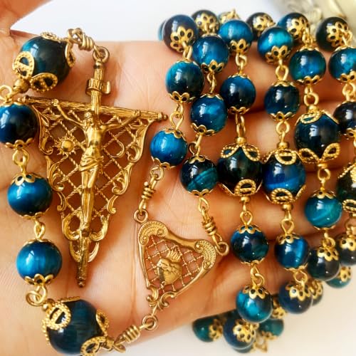 Handmade vintage copper 5 dacade rosary for women & men Natural Tiger Eye Stone Beads Necklace Perfect Catholic gifts with box