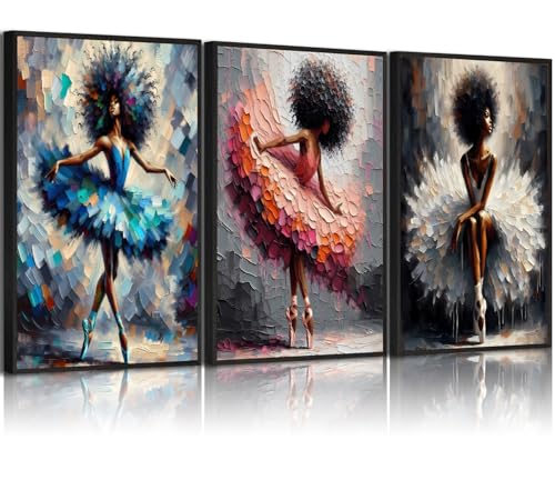 RERNIE 3 Piece Framed Black Ballerina Canvas Wall Art Modern African Girl Painting Gallery Print Textured Poster Artwork for Living Room Bedroom Decor 16x24 Inch Ready to Hang - color: Framed Black Woman Ballet, size: 16x24 inch