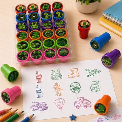 Cinrobiye 24 Pcs Military Stampers for Kids, Pre-Inked Army Soldier Stamp Set, Military Birthday Party Favors, Classroom Rewards, Goodie Bag Fillers, Treasure Box Prizes, Carnival Supplies - color: Army