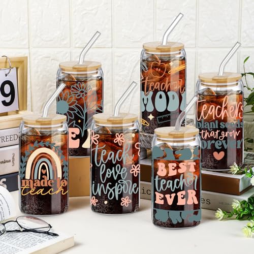 SiliFine 6 Pcs Teacher Gift Glass Cups, 16 oz with Lids and Straws - style: Teacher