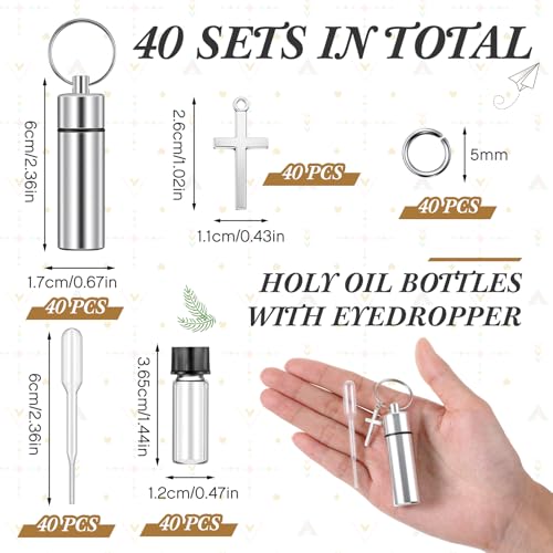 40 Sets Silver Anointing Oil Bottles Keychain Vial Holy Water Container with Dropper Cross Pendant for Baptism Favor
