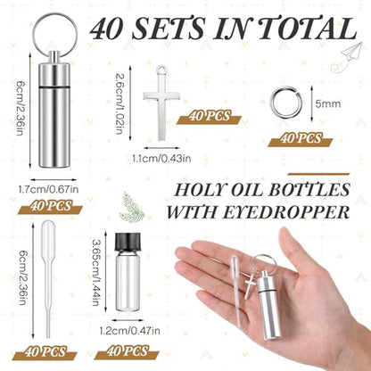 40 Sets Silver Anointing Oil Bottles Keychain Vial Holy Water Container with Dropper Cross Pendant for Baptism Favor
