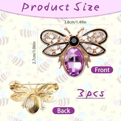 3 Pcs Bee Brooch Pin, Rhinestone Crystal Bumble Bee Jewelry Lapel Pin