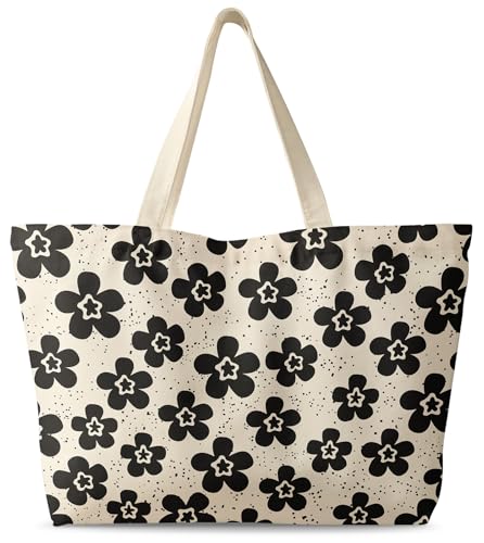 Miss Adola Large Tote Bag for Women - Canvas Tote Bag with Zipper Aesthetic Reusable Shoulder Bag for Gym, Travel, Work - style: Bk Spot Flower