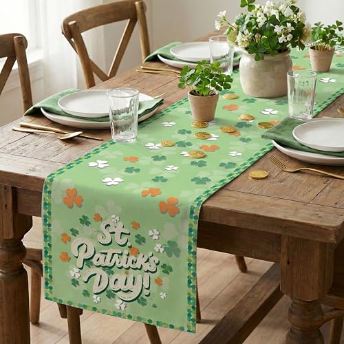 Green Shamrock Clover St. Patrick's Day Table Runner, Seasonal Buffalo Plaid Kitchen Dining Decoration for Home Party, Indoor Outdoor Holiday Table Decor, 13x72 Inch - style: Light Green Clover