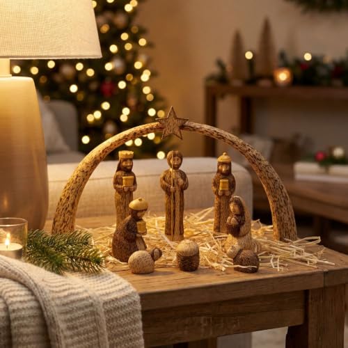Wooden Nativity Set, Seasonal Home Decor, Collectible Wood Figurines, Christmas, Religious, Catholic Home, Christian, Jesus Manger Scene, Holy Family, Tabletop, Rustic, Star Arch (Brown) - color: Brown