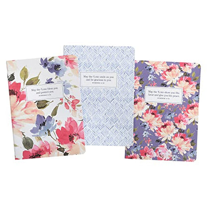 Christian Art Gifts Notebook Set: The Lord Bless You - Num. 6:24, Gifts for Women, Slim Notebooks, Cardstock, Bible Verse, Flexible Cover, Lined Paper, 64 Pages Each, Floral, Pink/Purple, Set/3 Large