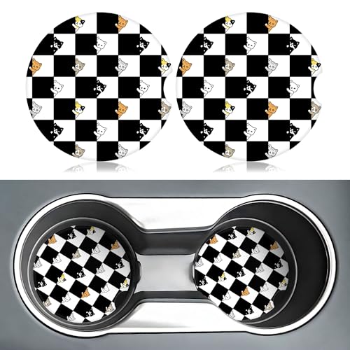 Black And White Checkered Cat Car Coasters For Cup Holders,2 Pack Car Cup Holder Coasters For Car,Ceramic Absorbent Car Coaster With A Finger Notch And Cork Base,Car Interior Accessories For Women Men - color: Black and White Checkered Cat