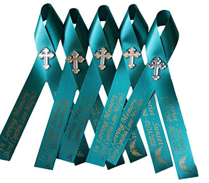 Personalized Memorial Service Funeral Ribbon Pins 20 Cross Religious Celebration of Life Custom Made Awareness Remembrance Anniversary Death Cross Sympathy Name Angel - color: Teal