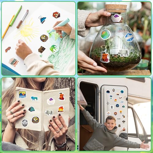 LINAYE 24 Sheets Travel Camping Stickers for Adults Kids, 960 PCS Nature Camp Stickers Waterproof Self Adhesive for Travel Bags Water Bottles, Camping Party Favors Supplies Rewards for Classroom - style: Camping 24 Sheets