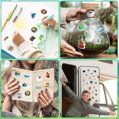 LINAYE 24 Sheets Travel Camping Stickers for Adults Kids, 960 PCS Nature Camp Stickers Waterproof Self Adhesive for Travel Bags Water Bottles, Camping Party Favors Supplies Rewards for Classroom - style: Camping 24 Sheets