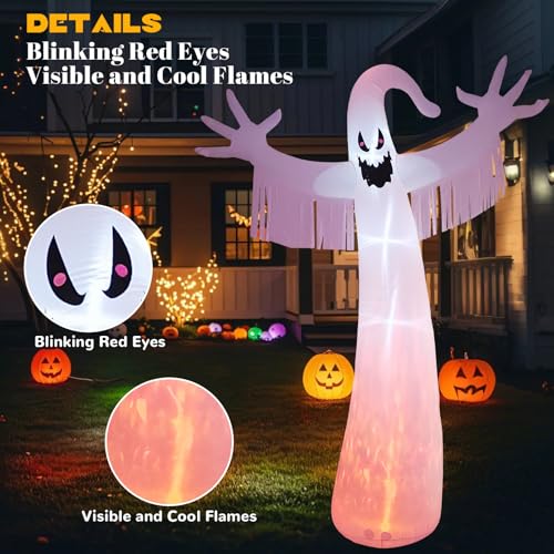 12FT Halloween Inflatables Outdoor Decorations: Inflatable Ghost with Fire Flame and Blinking Red Eyes, Blow up Decor for Yard Garden Lawn Home Holiday Party - style: White Ghost