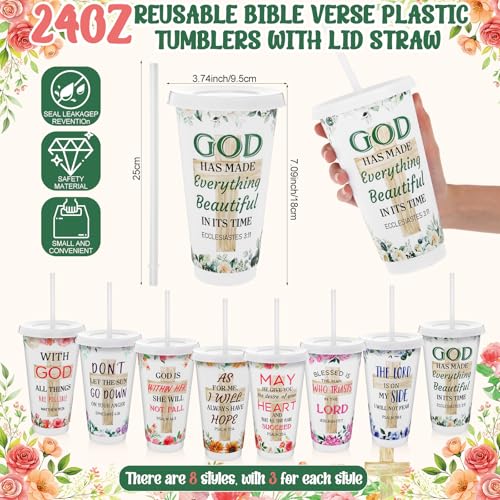 48 Pcs Christian Gifts for Women 24 oz Bible Scripture Cups with Lids Straw Religious Floral Bible Verse Ink Pens Church Religious Gift Set