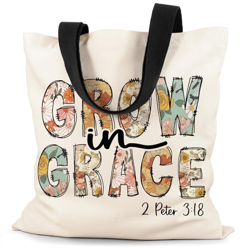 Canvas Tote Bag Aesthetic for Women, Cute Tote Bag with Zipper Pocket, Heavy Duty Reusable Shopping Bags for Grocery - color: 07-grow in Grace