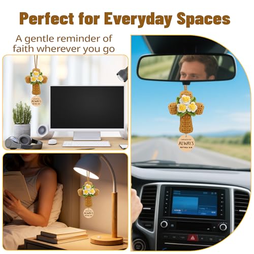 Crochet Cross with Flowers – Christian Car Air Freshener, Rearview Mirror Hanging Accessories, Bible Verse Car Decor, Christian Car Accessories, Religious Gifts for Women