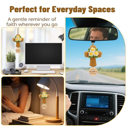Crochet Cross with Flowers – Christian Car Air Freshener, Rearview Mirror Hanging Accessories, Bible Verse Car Decor, Christian Car Accessories, Religious Gifts for Women